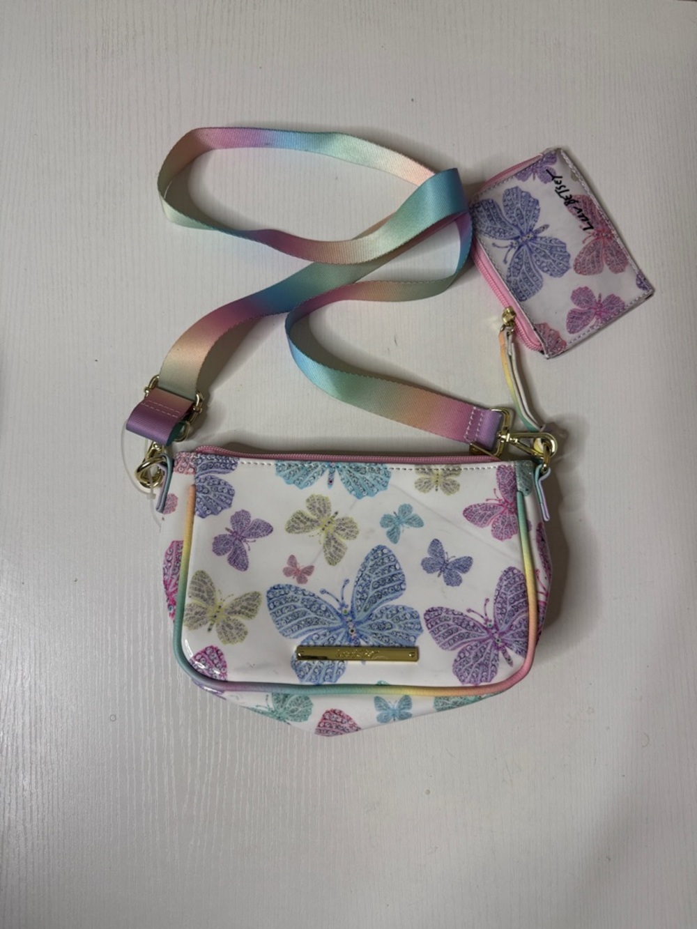 Pastel Butterfly Crossbody Bag with Rainbow Strap